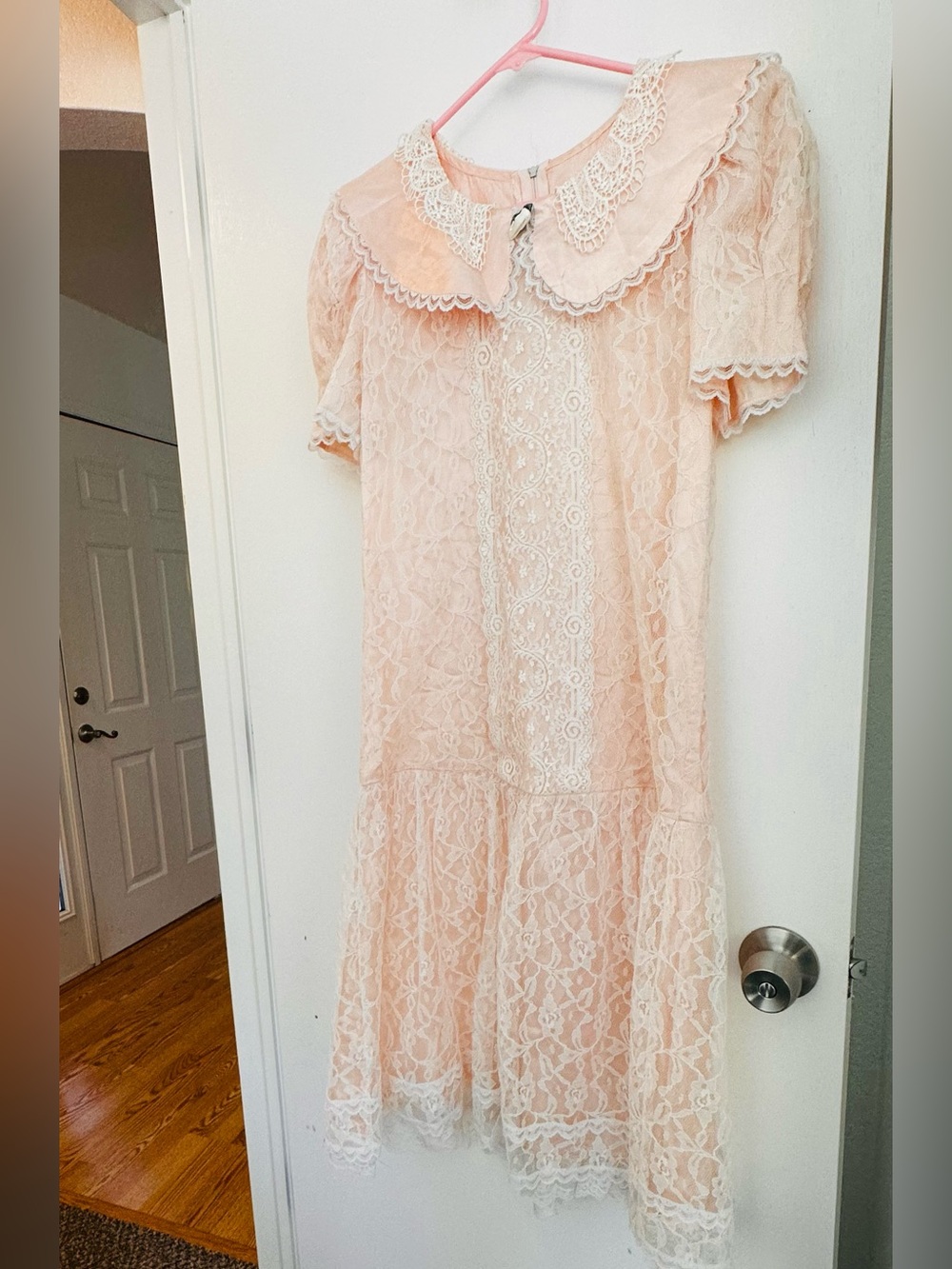 Girls' Peach Lace Dress with Peter Pan Collar